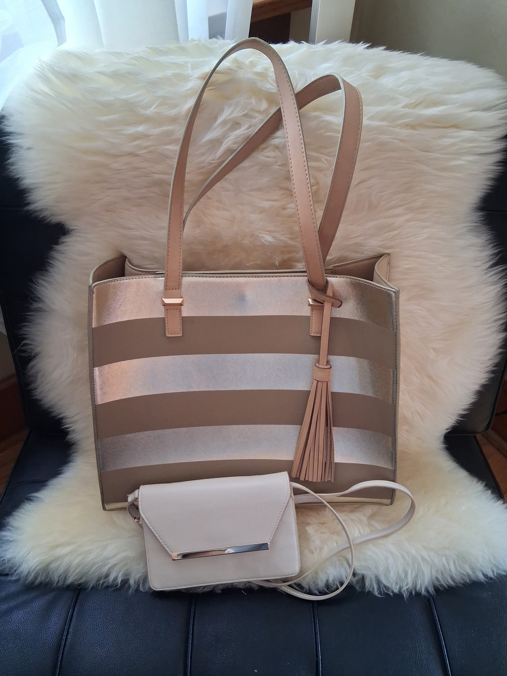 Madison West Dynamic Duo - Striped Metallic & Taupe Tote And Crossbody Clutch